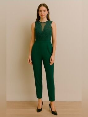 Miss Selfridge Sleeveless Lace Bodice Emerald Jumpsuit L